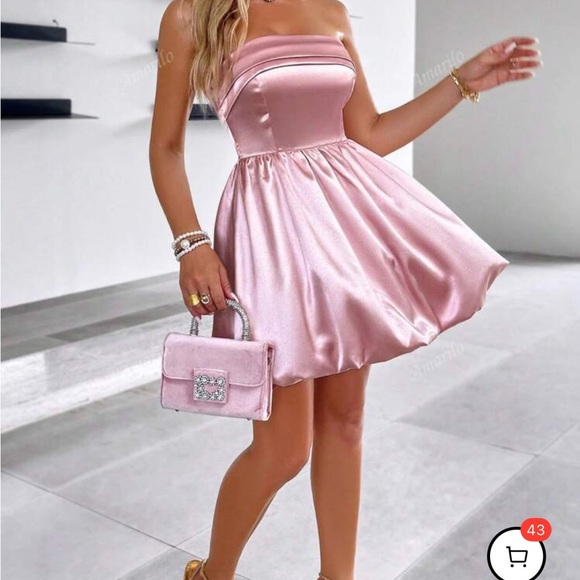US 6 Medium - Pink Satin Strapless Bubble Hem Mini Dress (NEW) - Picture 2 of 6